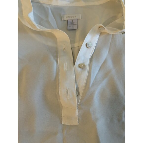 Chico's 1 Blouse Beige Cream Button Front Short Sleeve Blouse Mandarin Collar - Picture 12 of 13